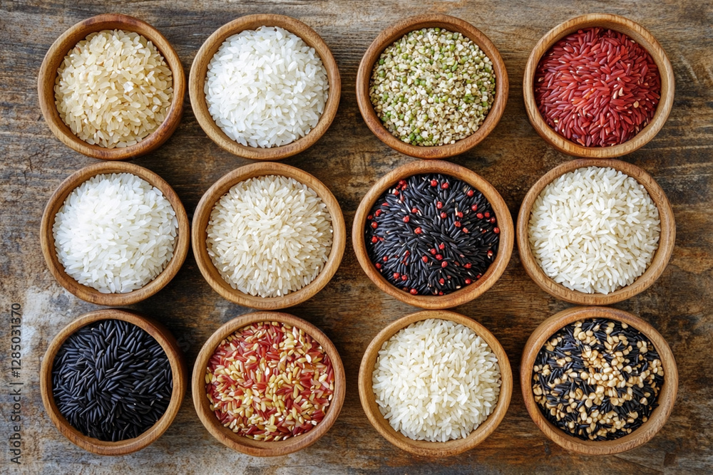 Diverse selection of rice varieties displayed in wooden bowls on a rustic surface Diverse selection of rice varieties displayed in wooden bowls on a rustic surface