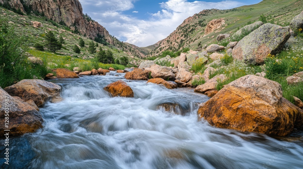 Rushing river through rugged terrain, surrounded by lush greenery and mountain backdrop. Rushing river through rugged terrain, surrounded by lush greenery and mountain backdrop.