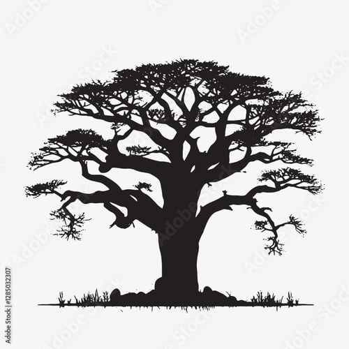 Towering Baobab Tree Silhouette in Dramatic Light
