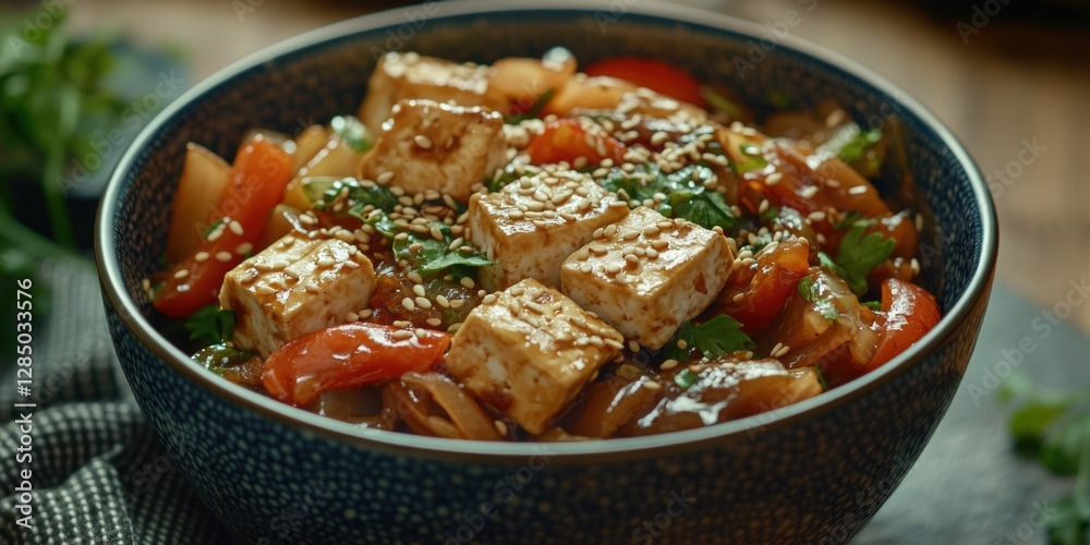 Vibrant and appetizing vegetarian meal in a bowl, filled with tofu chunks, colorful vegetables, and seasonings. Vibrant and appetizing vegetarian meal in a bowl, filled with tofu chunks, colorful vegetables, and seasonings.