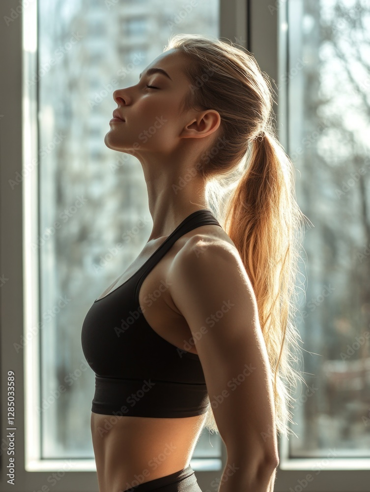 Fitness model posing for promotional photo with a backdrop of a window and trees. Fitness model posing for promotional photo with a backdrop of a window and trees.