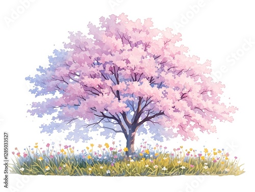 A watercolor painting depicting a blooming cherry tree in spring
