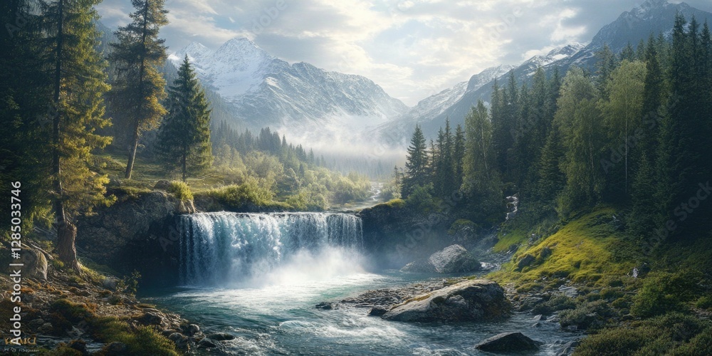 Fototapeta premium Natural scenery of a mountainous river with a waterfall in a forested area.