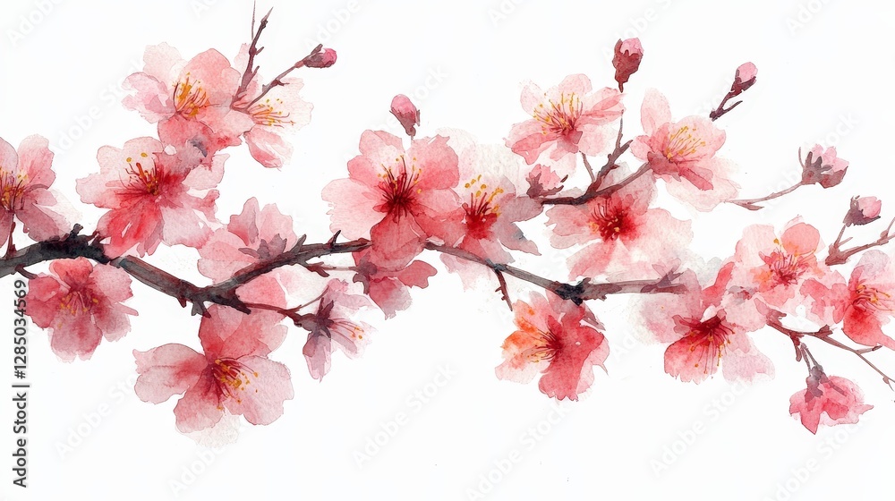 A delicate watercolor illustration of cherry blossom branches in soft pink hues.