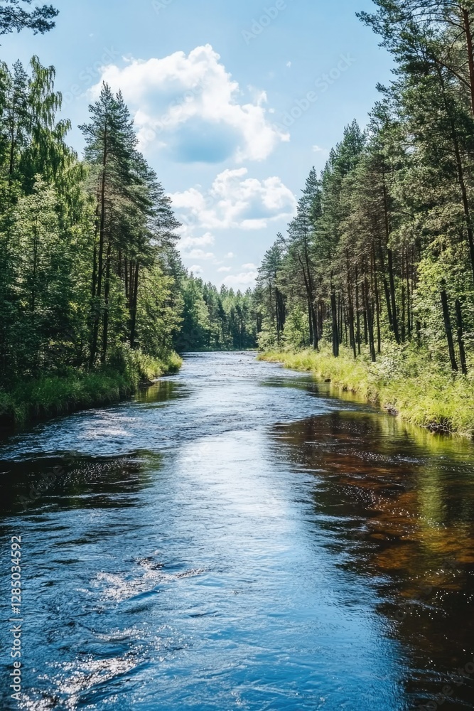Nature's tranquility in a forested area with a calm river flowing through it. Nature's tranquility in a forested area with a calm river flowing through it.