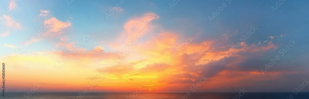 Obraz premium Serene Sunset Sky Calm Horizon Soft Pastel Colors Orange Pink Deep Blue Illuminated Clouds