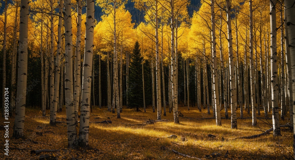 Aspen Tree Forest in Autumn with Golden Leaves and Sunlight