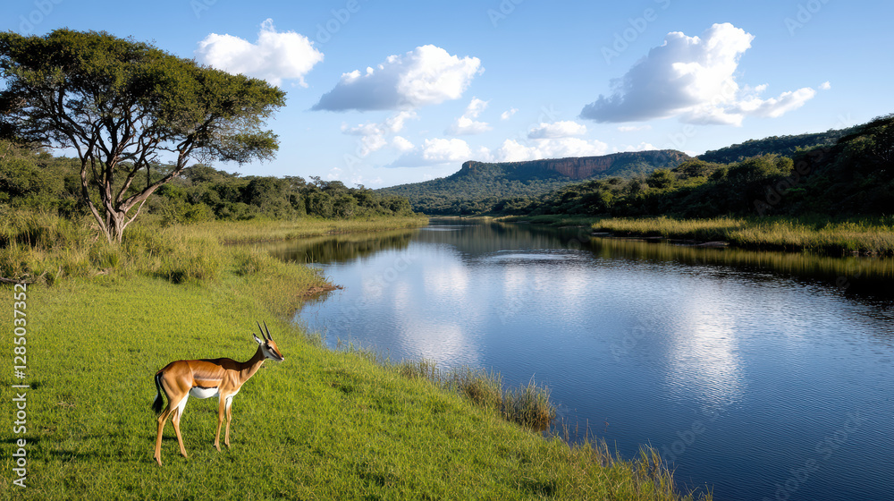 tranquil safari scene with lone antelope grazing by river tranquil safari scene with lone antelope grazing by river