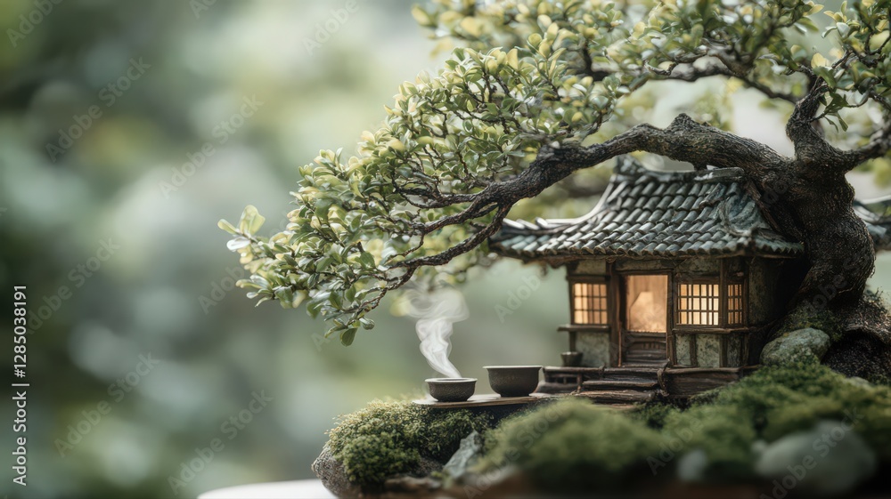 Miniature Japanese House and Bonsai Tree in Soft Light Miniature Japanese House and Bonsai Tree in Soft Light