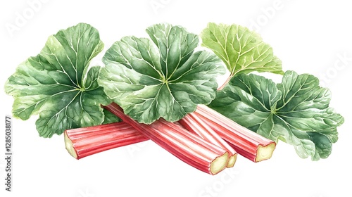 Rhubarb harvest in watercolor a close-up view of vibrant botanical art and fresh produce