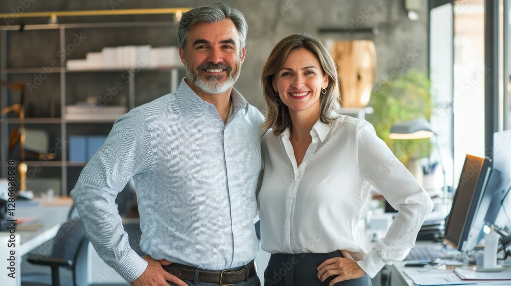 Two people posing for a professional photograph in an office setting, both dressed in business attire. Two people posing for a professional photograph in an office setting, both dressed in business attire.