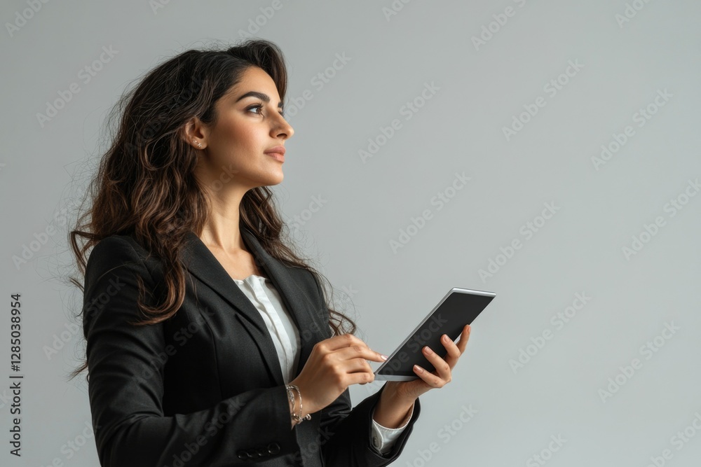 Business woman in a suit holding a tablet, focused on her screen Business woman in a suit holding a tablet, focused on her screen