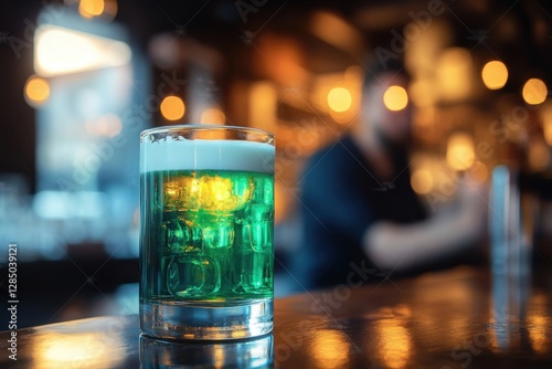 Green Beer for St Patrick's Day Celebration Festivities in Cozy Bar Setting photo