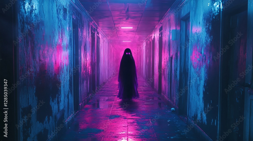 Fototapeta premium A pixel ghost floating through neon-lit haunted corridors