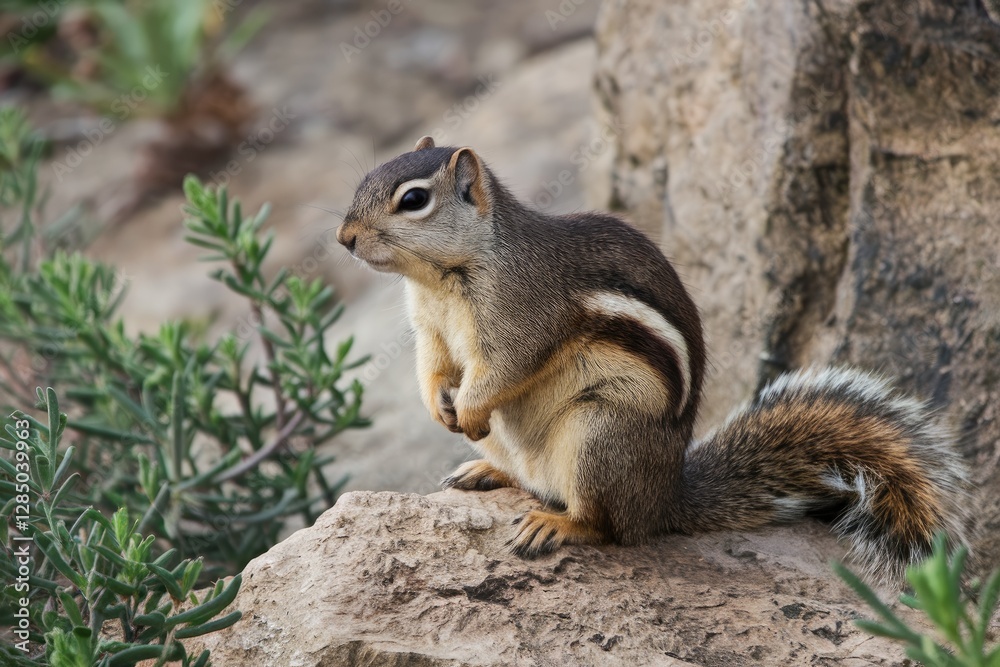 Alert Golden-Mantled Ground Squirrel perched on a textured rock with crossed paws, captured in natural light with soft focus Alert Golden-Mantled Ground Squirrel perched on a textured rock with crossed paws, captured in natural light with soft focus