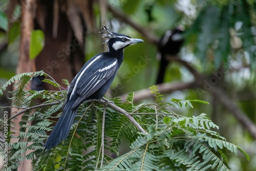 Striking Pied Crested Cuckoo Bird Portrait on Branch, Lush Fern Foliage, Natural Light, Sharp Focus, Wildlife Photography
