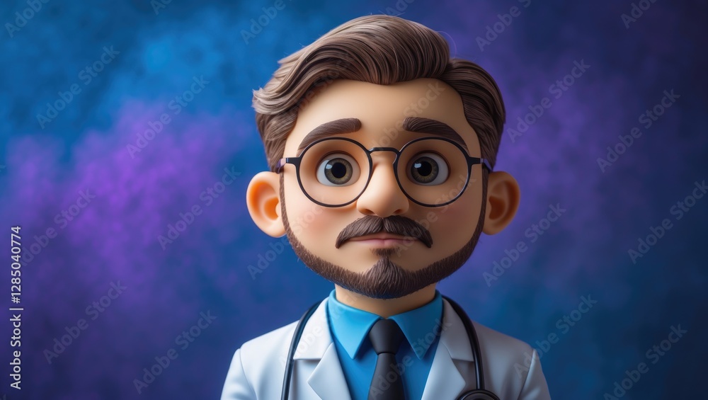 Cartoon illustration of a doctor in a uniform with glasses, set against a blue and violet gradient background featuring medical-themed graphics. Health care consultation, medical expertise. Cartoon illustration of a doctor in a uniform with glasses, set against a blue and violet gradient background featuring medical-themed graphics. Health care consultation, medical expertise.
