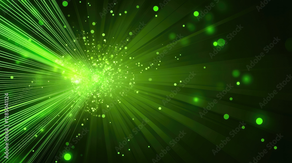 Naklejka premium Abstract background with green glowing rays and bokeh dots. Big data concept. Vector for banner. Green tech wallpaper.