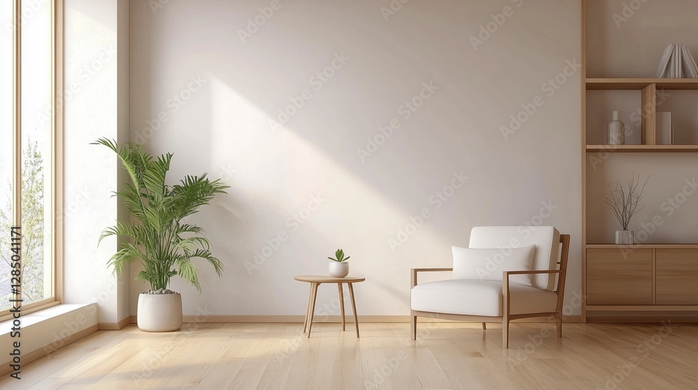 Fototapeta premium Minimalist living room with white chair and coffee table near with plant ,wood furniture and minimalist decor with white wall background . Zoom Virtual Meetings Background. 3D Backdrop.