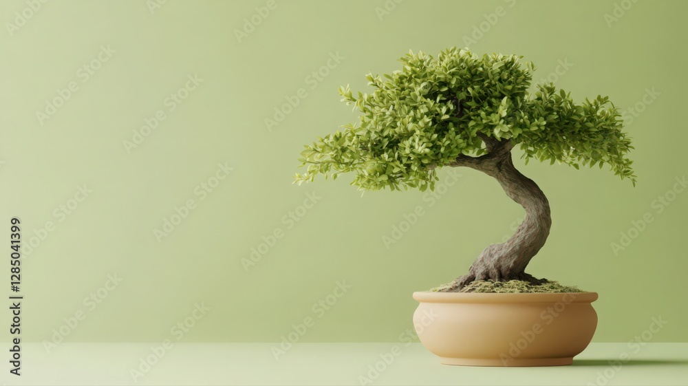 Miniature Bonsai Tree in Terracotta Pot Against Light Green Background Miniature Bonsai Tree in Terracotta Pot Against Light Green Background