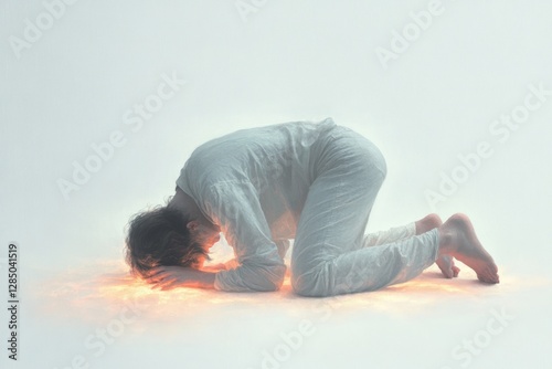 Surreal illustration of man kneeling and burying head in ground, minimalistic and humorous portrayal of shame and business crisis