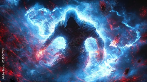 Warrior with Seven Swords Jumps from Portal to Battle Ghouls in Dark Fantasy Scene photo