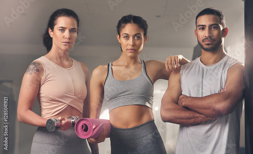 Portrait, fitness and group of friends at gym for challenge, health or bodybuilder with exercise mat. Confidence, team or people at club for sport, dumbbell training or arms crossed for determination