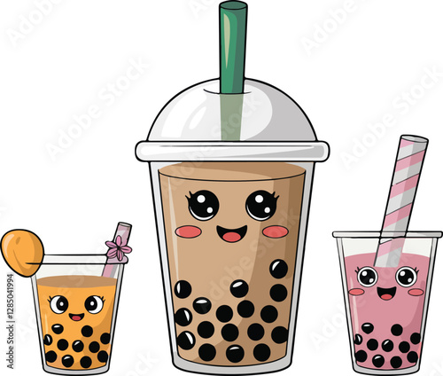 Bubble Tea Characters Vector Set Cute Boba Drinks