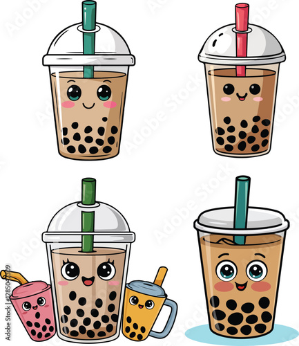 Bubble Tea Characters Vector Set Cute Boba Drinks