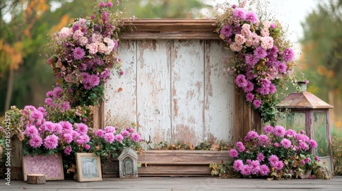 Rustic floral display on wooden backdrop