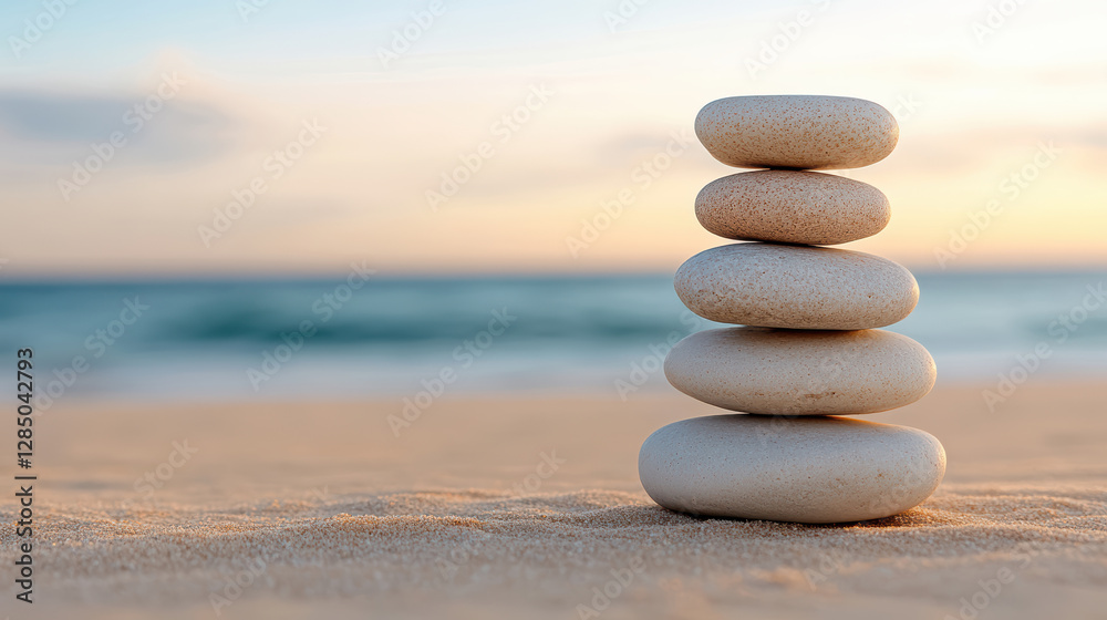 Balanced stones stacked on beach at sunset, creating serene atmosphere Balanced stones stacked on beach at sunset, creating serene atmosphere