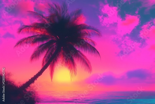 Palm tree sunset neon pink tropical beach party with glitch effects in retro style