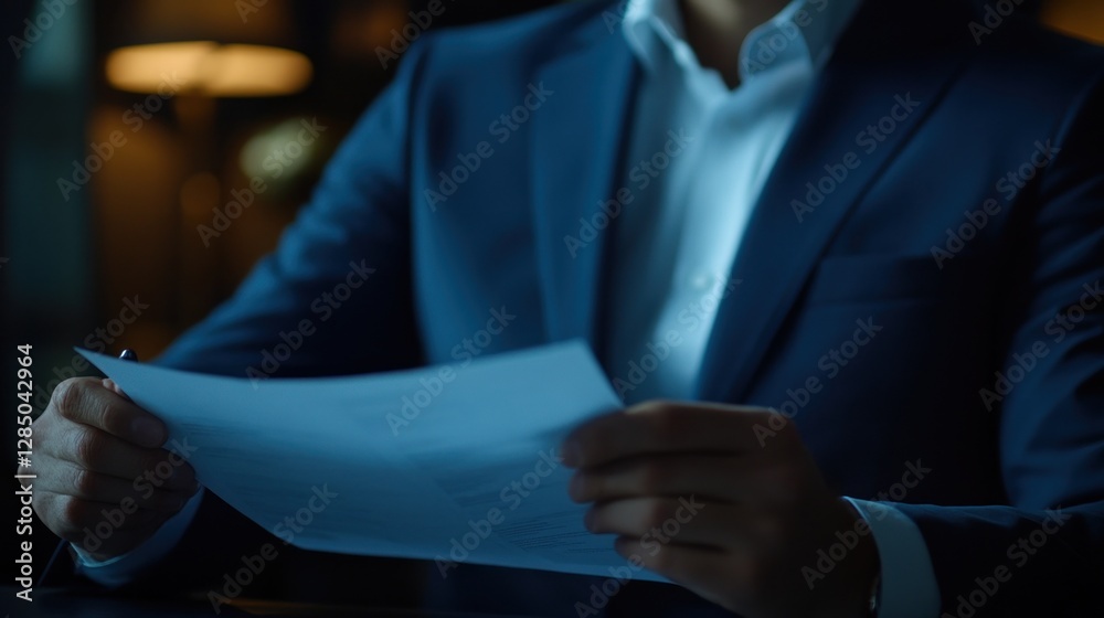 Fototapeta premium Businessman Reviewing Documents in Dim Light