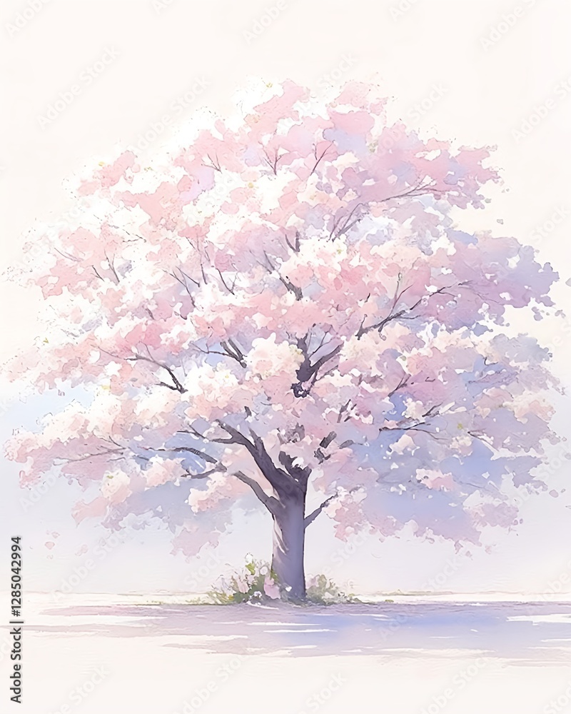A watercolor painting depicting a blooming cherry tree in spring A watercolor painting depicting a blooming cherry tree in spring