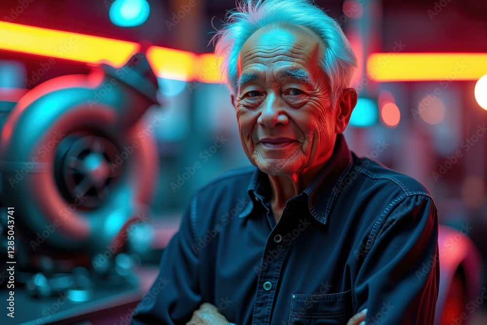 Obraz premium Elderly Asian man with gray hair and navy shirt smiling confidently with arms crossed in neon lit workshop technology environment perfect for business profile or professional portrait
