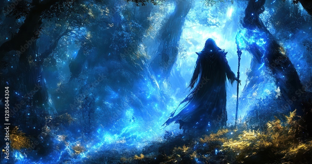 Obraz premium Hooded Sorceress with Staff in Mysterious Forest Entrance to Dungeon