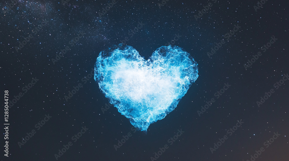 Obraz premium Luminous heart-shaped celestial body floating above mountains in starry night