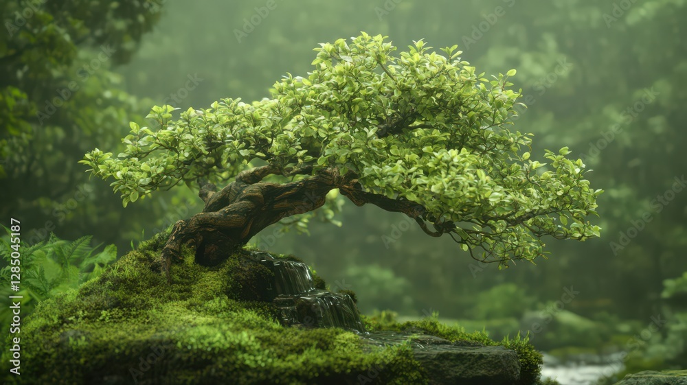 Lush Green Bonsai Tree in Misty Forest Waterfall Setting Lush Green Bonsai Tree in Misty Forest Waterfall Setting
