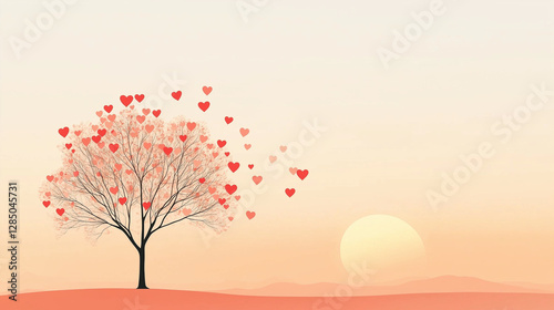 Romantic tree silhouette with red heart leaves against pastel sunset sky