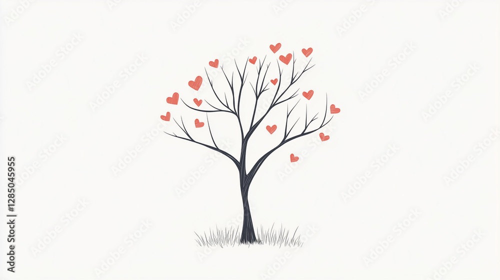 Naklejka premium Minimalist tree design with pink heart leaves on white background with copy space