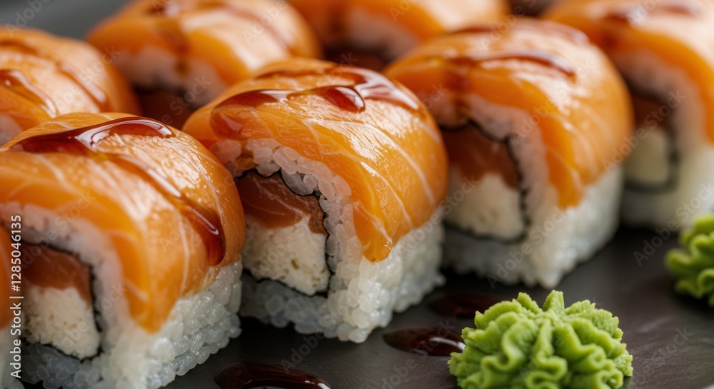 Delicious Salmon Sushi Rolls with Sauce and Wasabi Close-up Food Photography Delicious Salmon Sushi Rolls with Sauce and Wasabi Close-up Food Photography
