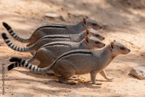 Four Banded Mongooses in a Row on Sandy Ground, Natural Light, Warm Tone, Animal Behavior, Wildlife Photography, Shallow Depth of Field