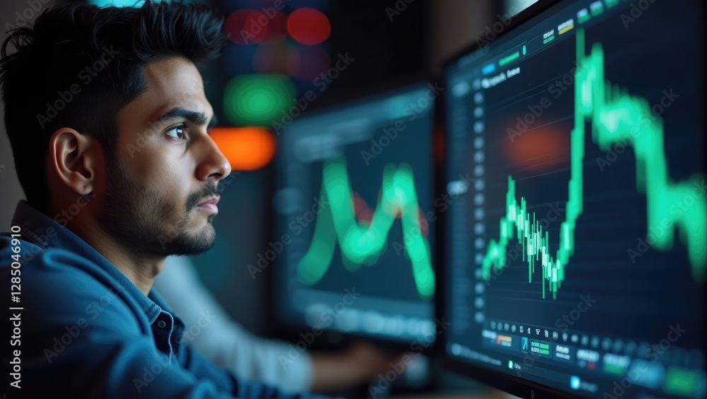 Deep in thought, a young Indian trader observes the stock market, analyzing price trends on multiple screens. Deep in thought, a young Indian trader observes the stock market, analyzing price trends on multiple screens.