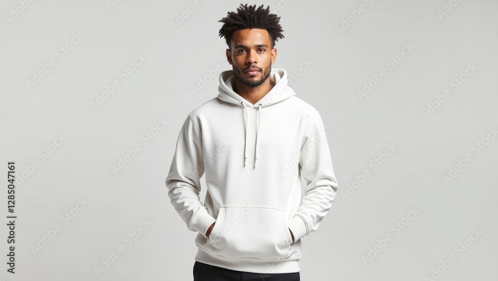 Obraz premium Young man wearing a plain white hoodie, viewed from the front. Template for a men's sweatshirt design featuring a pocket, suitable for branding or printing purposes.