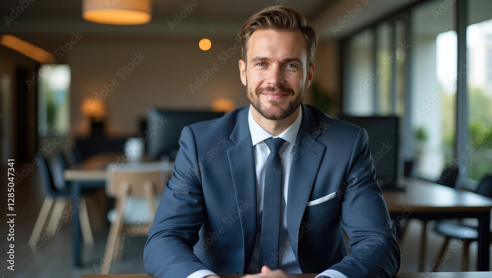 Attractive young professional in a suit smiling at the camera while seated in an office setting.