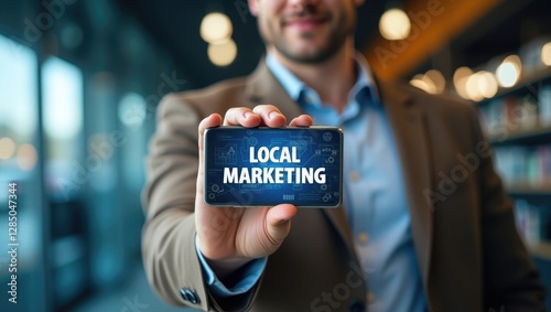 Sign Indicating Community Marketing. Business Presentation of a Local Venture Featuring Products Available for Purchase. Man Displaying a Mobile Phone with Advanced Technology. photo