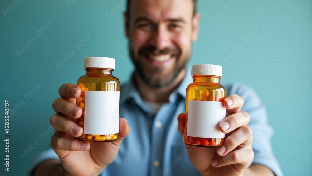 Man evaluating two bottles of medications or dietary supplements. He is showcasing two pill containers with blank spaces for branding. The image may illustrate a comparison between branded and gene... Man evaluating two bottles of medications or dietary supplements. He is showcasing two pill containers with blank spaces for branding. The image may illustrate a comparison between branded and gene...