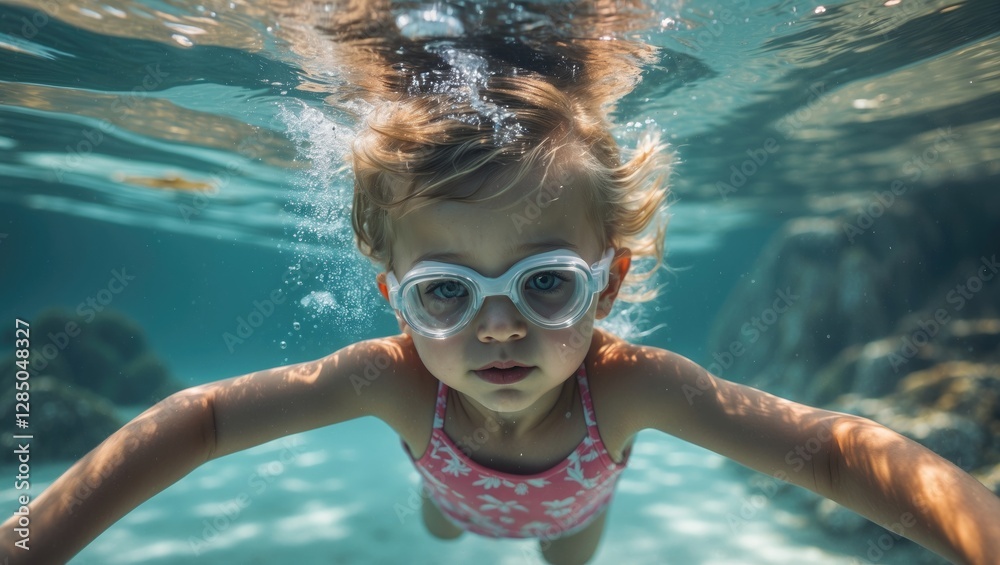 Fototapeta premium Adorable small child swimming beneath the water during a summer getaway.
