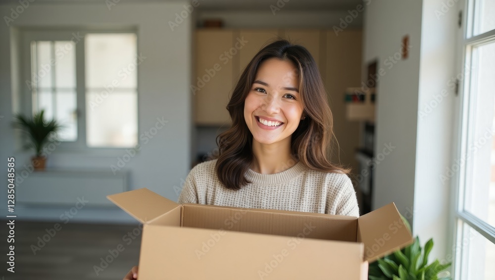 Joyful customer pleased young woman unboxing stylish new apparel, smiling at the camera, inspecting her delivery at home, with space for text. Joyful customer pleased young woman unboxing stylish new apparel, smiling at the camera, inspecting her delivery at home, with space for text.