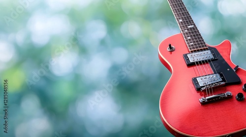 Red electric guitar stands outdoors against a soft green bokeh background during a bright day.